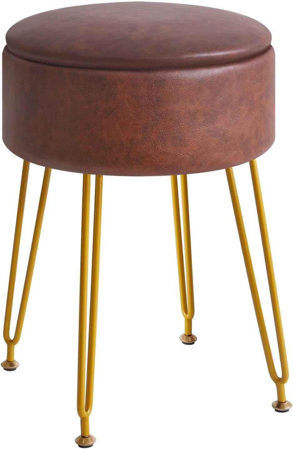 Dark Brown Faux Leather Round Storage Footstool – Vanity Stool with Gold Legs