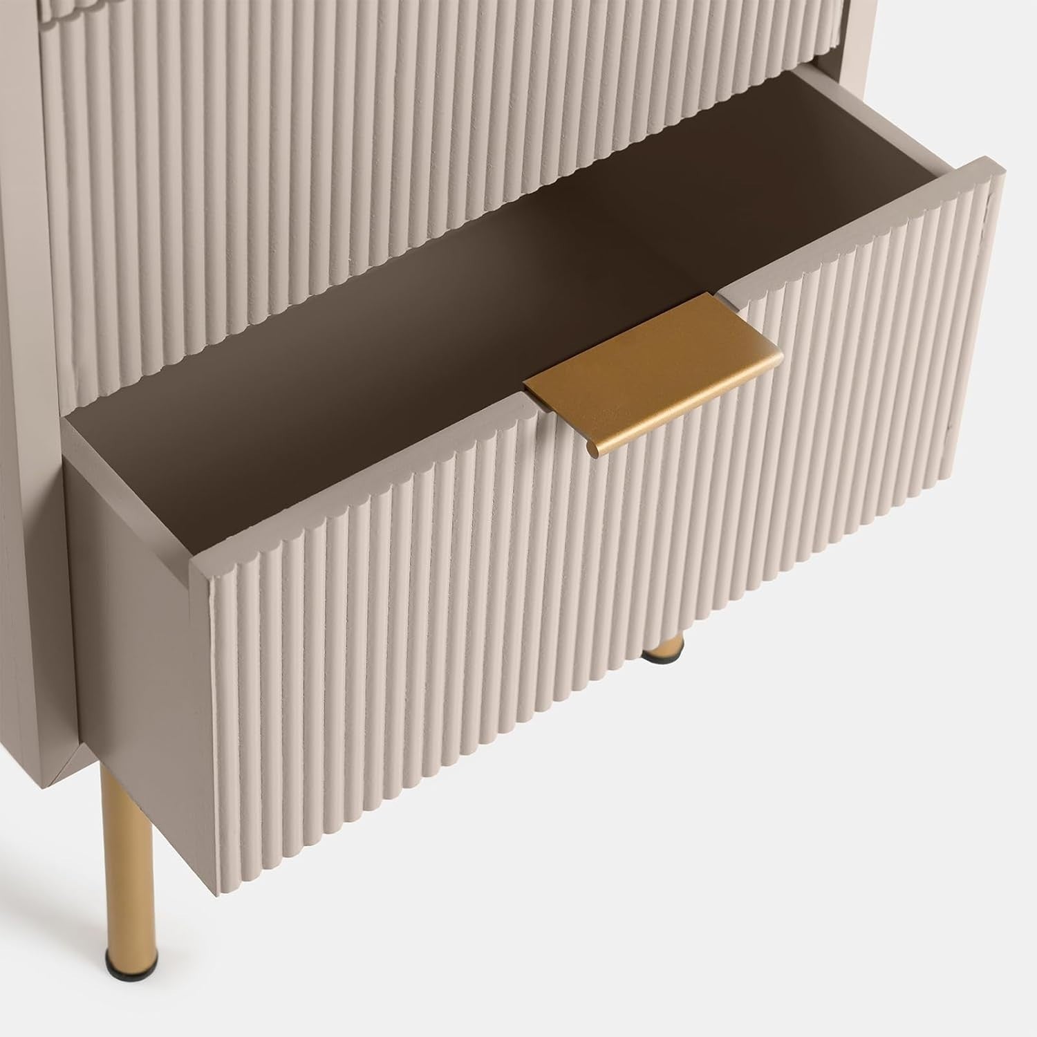 Modern Beige 4 Drawer Bedside Table | Tall Ribbed Nightstand with Gold Legs