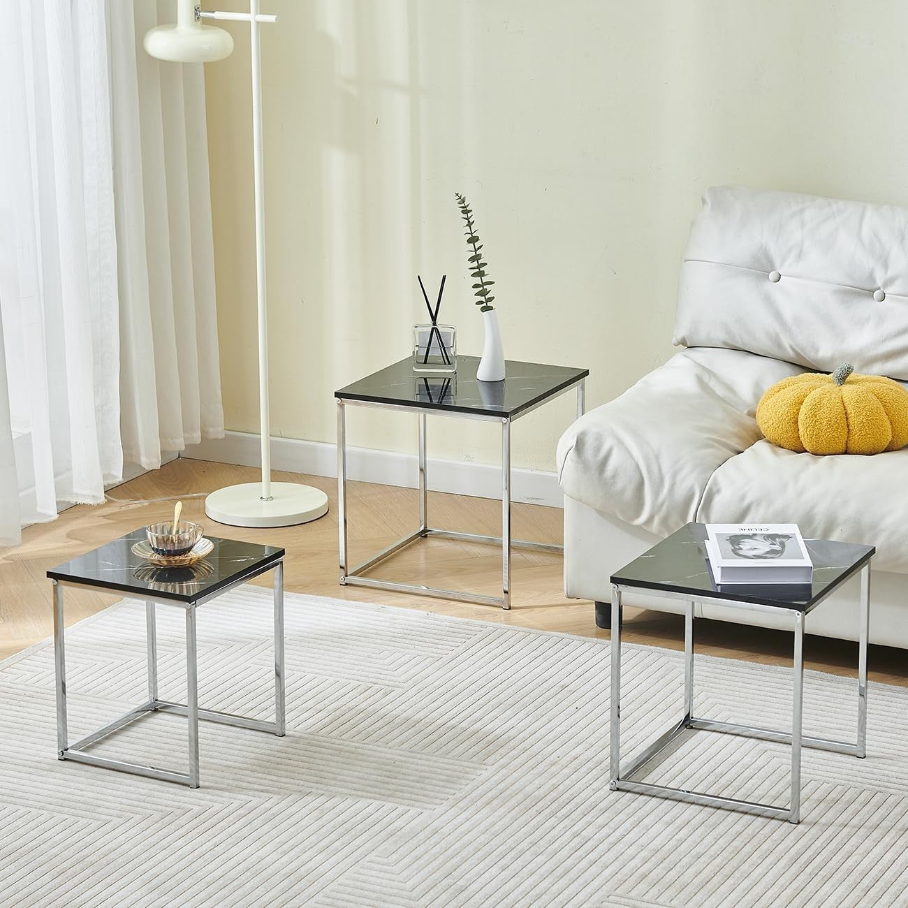 3-Tier Nesting Coffee Tables Set of 3 Black Marble End Side Accent Table Home