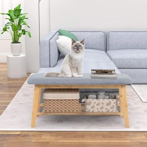2-Tier Bamboo Shoe Rack Bench with Linen Padded Seat & Storage Grey