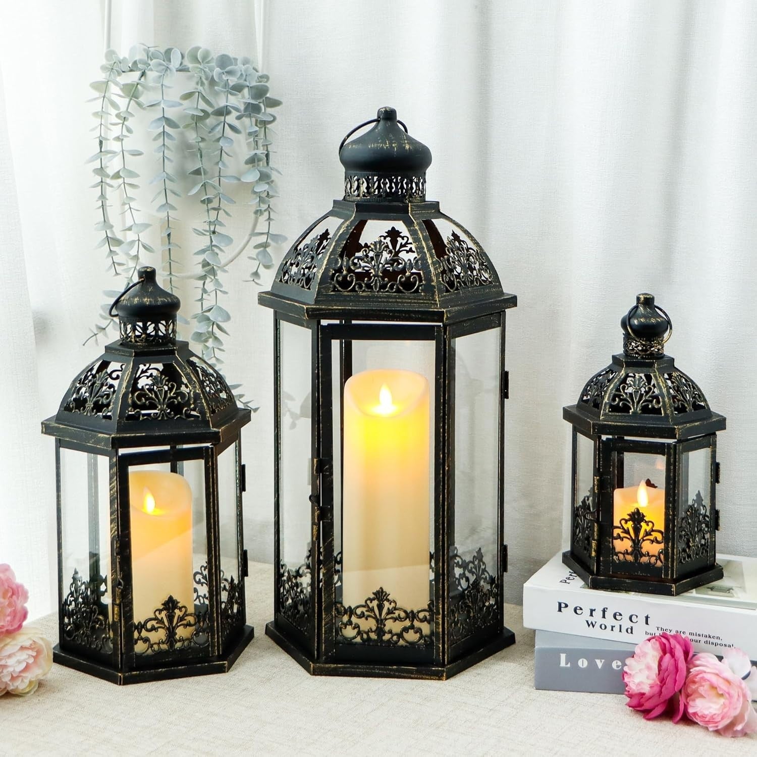 3-Pack Vintage Black Gold Metal Candle Lanterns