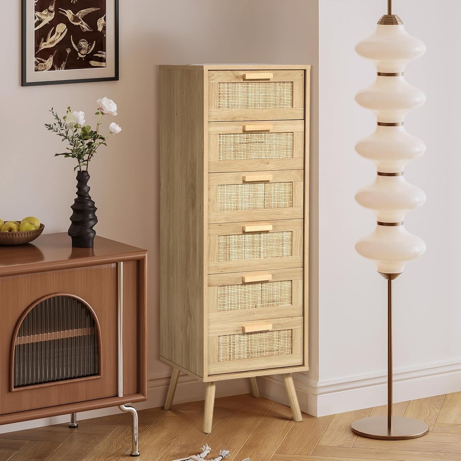 6 Drawer Rattan Chest Bedroom Storage Tall Wooden Legs Compact Organizer