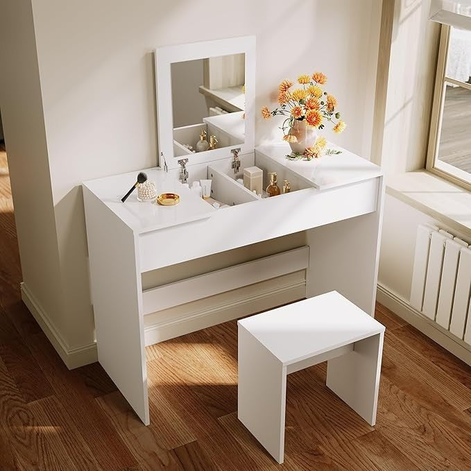 2-in-1 Flip Top Vanity Makeup Dressing Table Desk w/ Hidden Mirror & Charging St