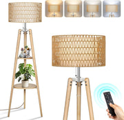Adjustable Rattan Floor Lamp with Shelves & Remote, Dimmable Warm Light