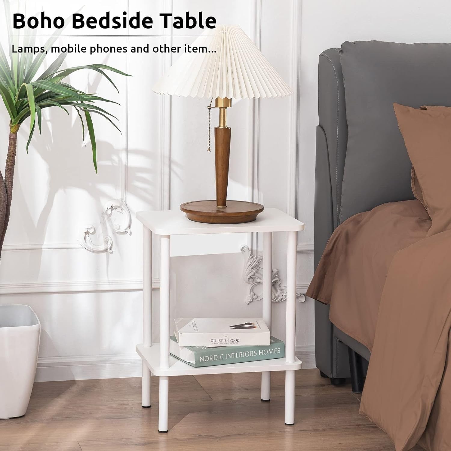 White 2-Tier Narrow Side Table with Shelf – Small Bedside End Table
