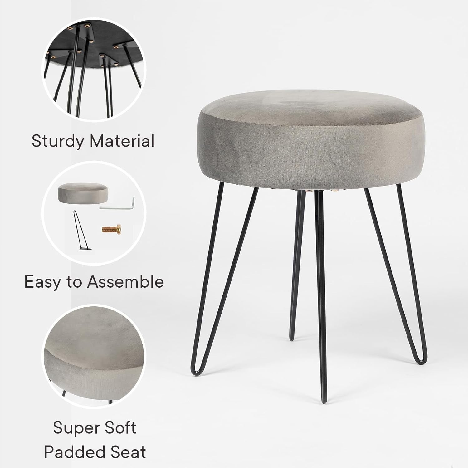 Charcoal Grey Velvet Round Stool Hairpin Leg Vanity Seat Footrest