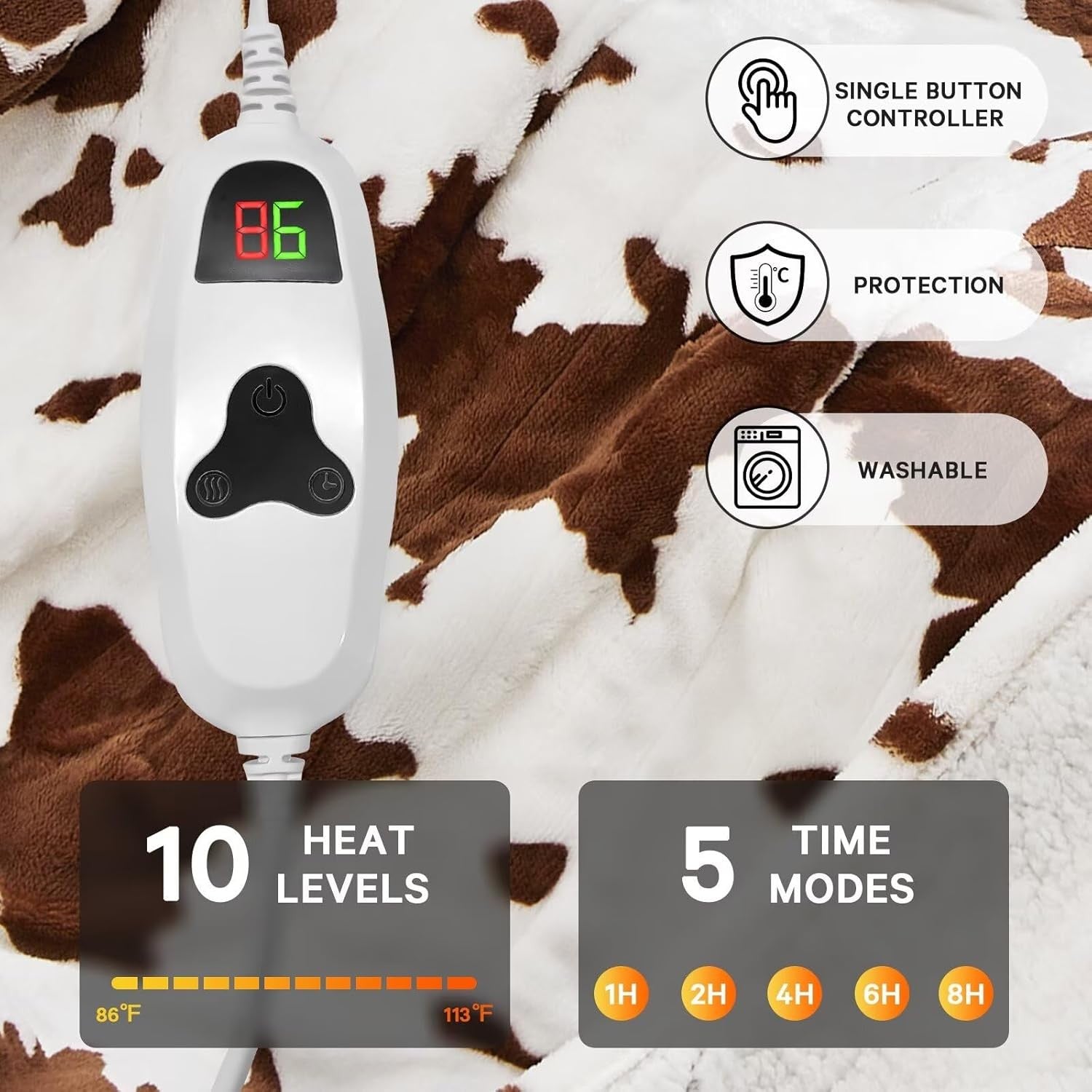 Electric Heated Throw Blanket Cow Print Sherpa 10 Heat  Washable