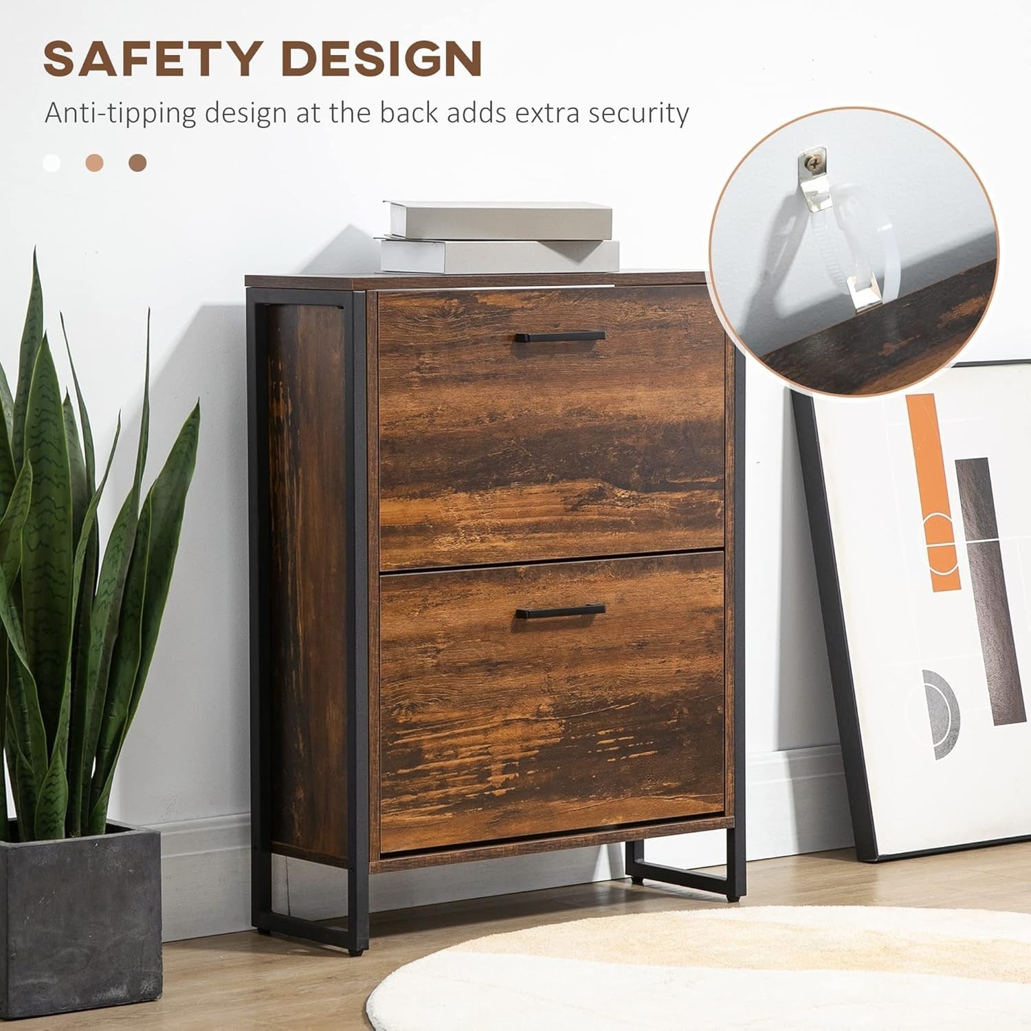 Slim Industrial Shoe Cabinet 2 Flip Drawers Hallway Storage 64x23.5x85cm
