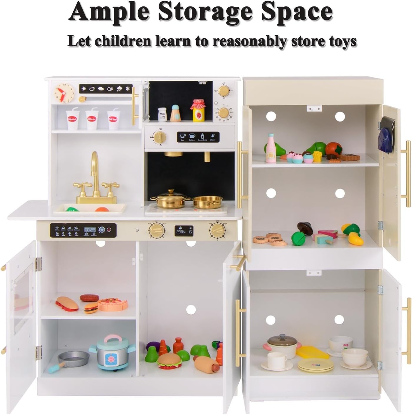 Large Wooden Kids Play Kitchen White w/ Lights Sounds Coffee Bar