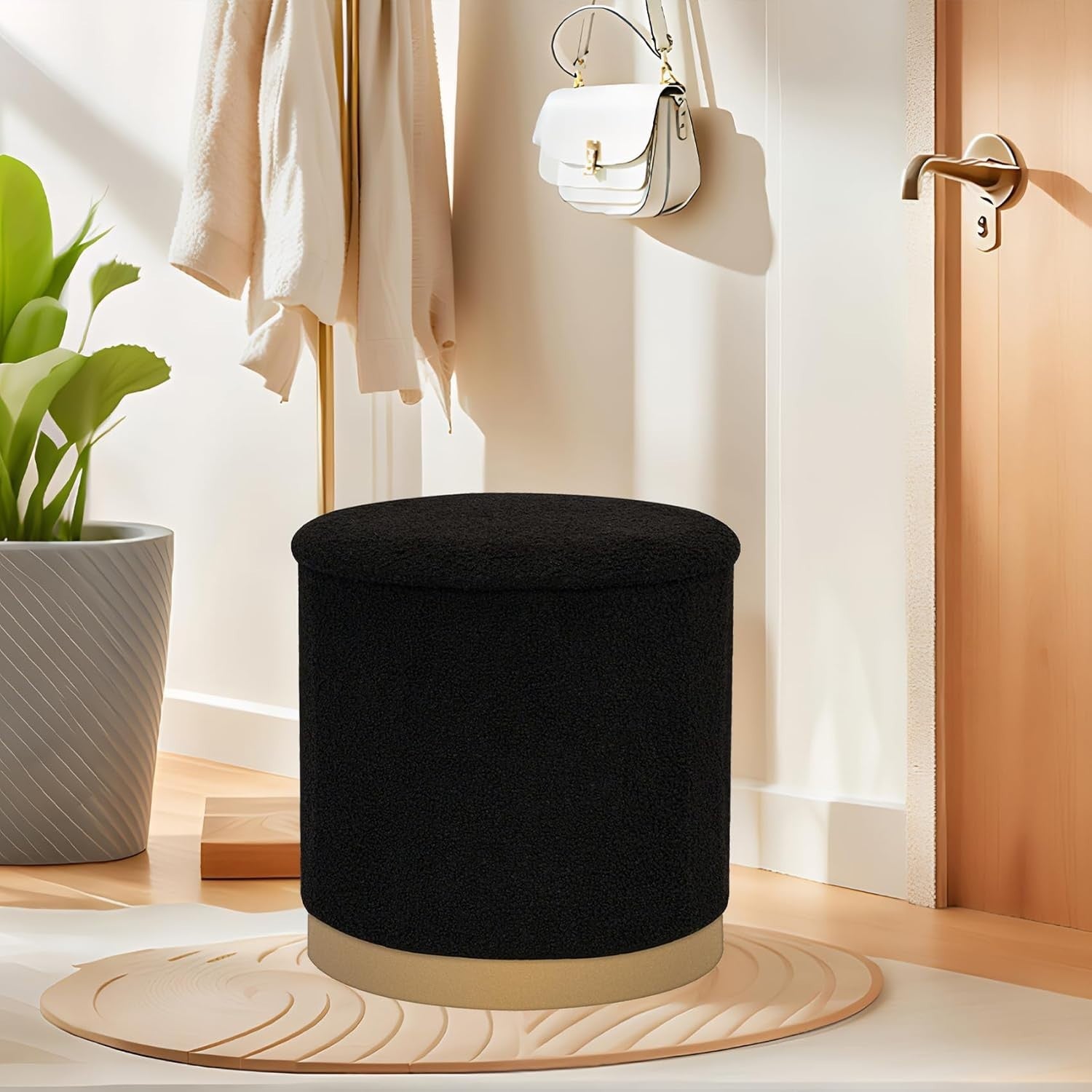 Black Boucle Round Storage Ottoman Large Foldable Footrest with Tray Lid