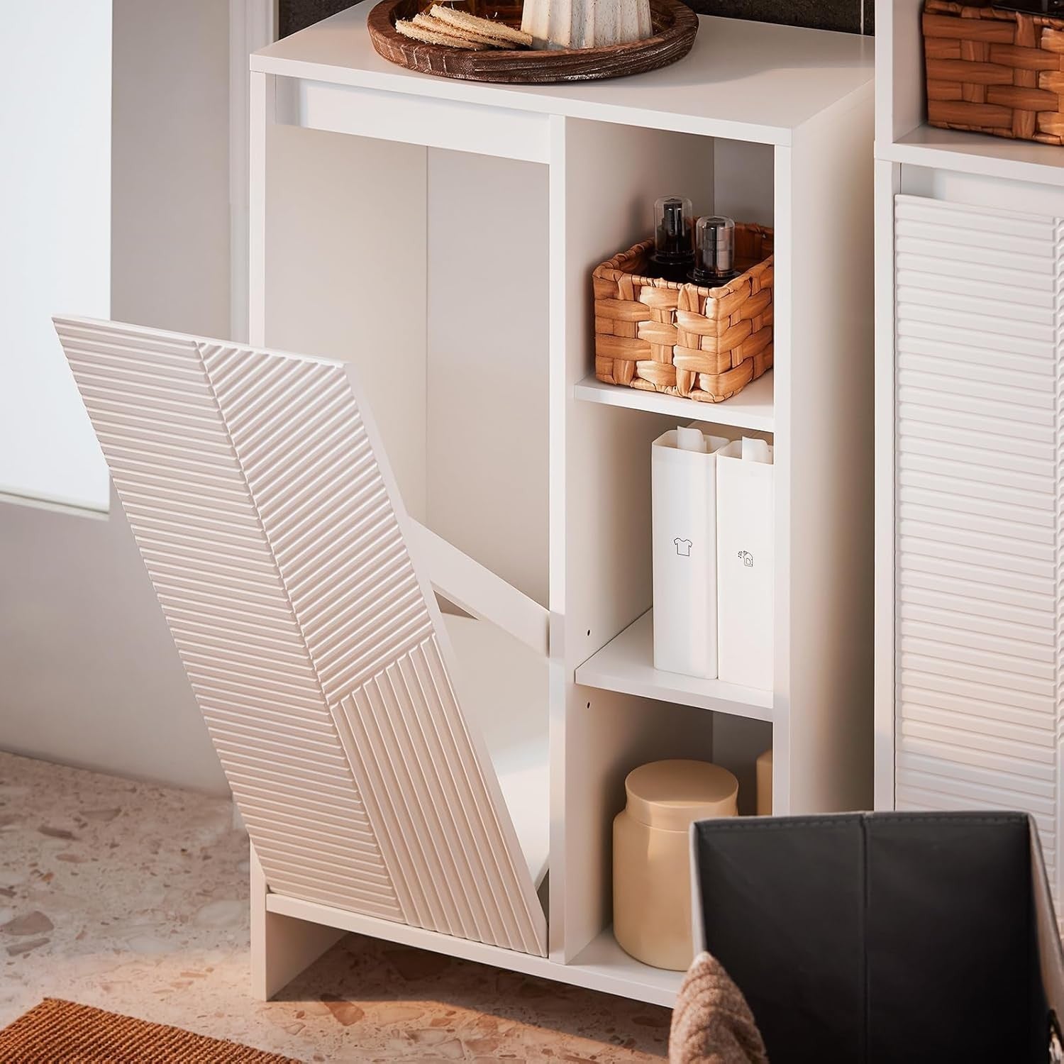 Slim Bathroom Storage Cabinet with Laundry Hamper White Tall Unit 86×50×30cm