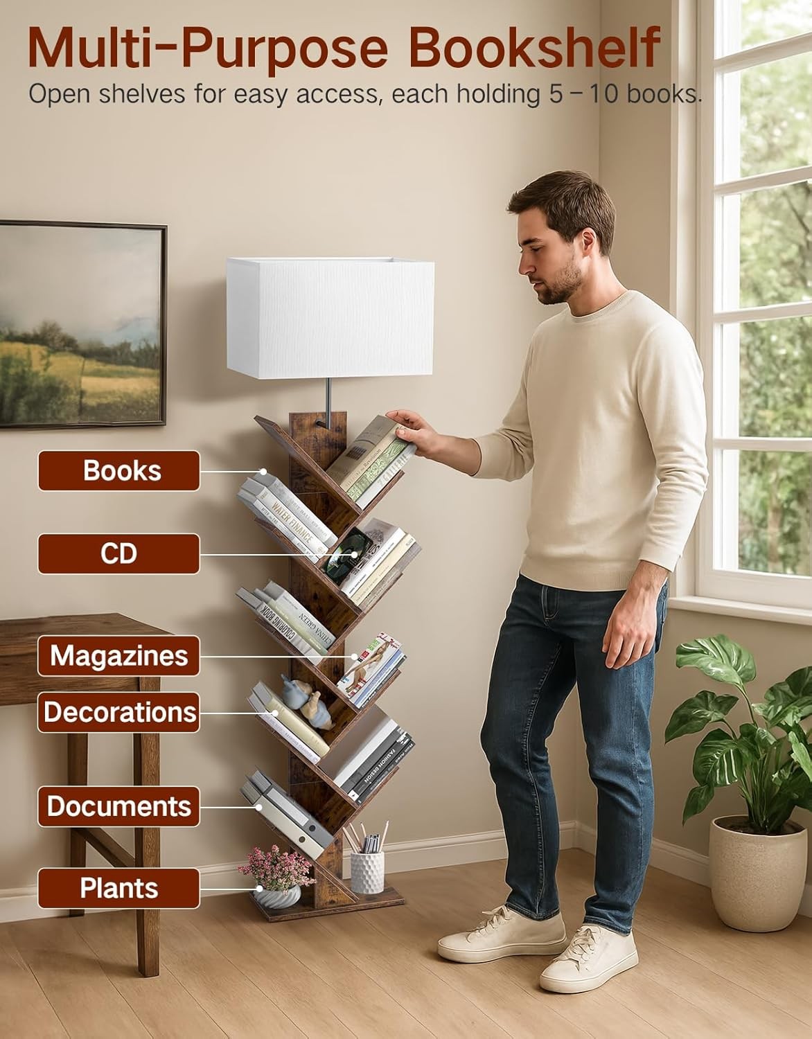 9 Tier Tree Bookshelf Floor Lamp with Remote Light Narrow Wooden Bookcase