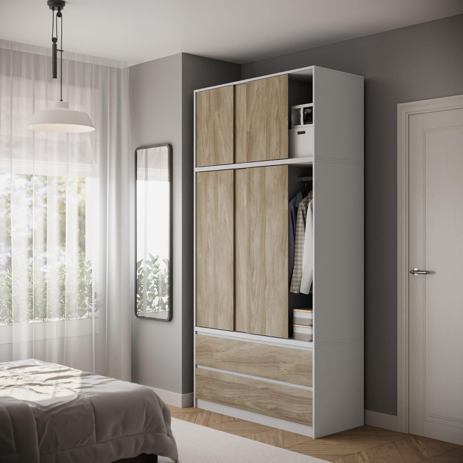 Oak Door Sliding Wardrobe 240cm 6 Doors 4 Drawers Spacious Bedroom Closet
