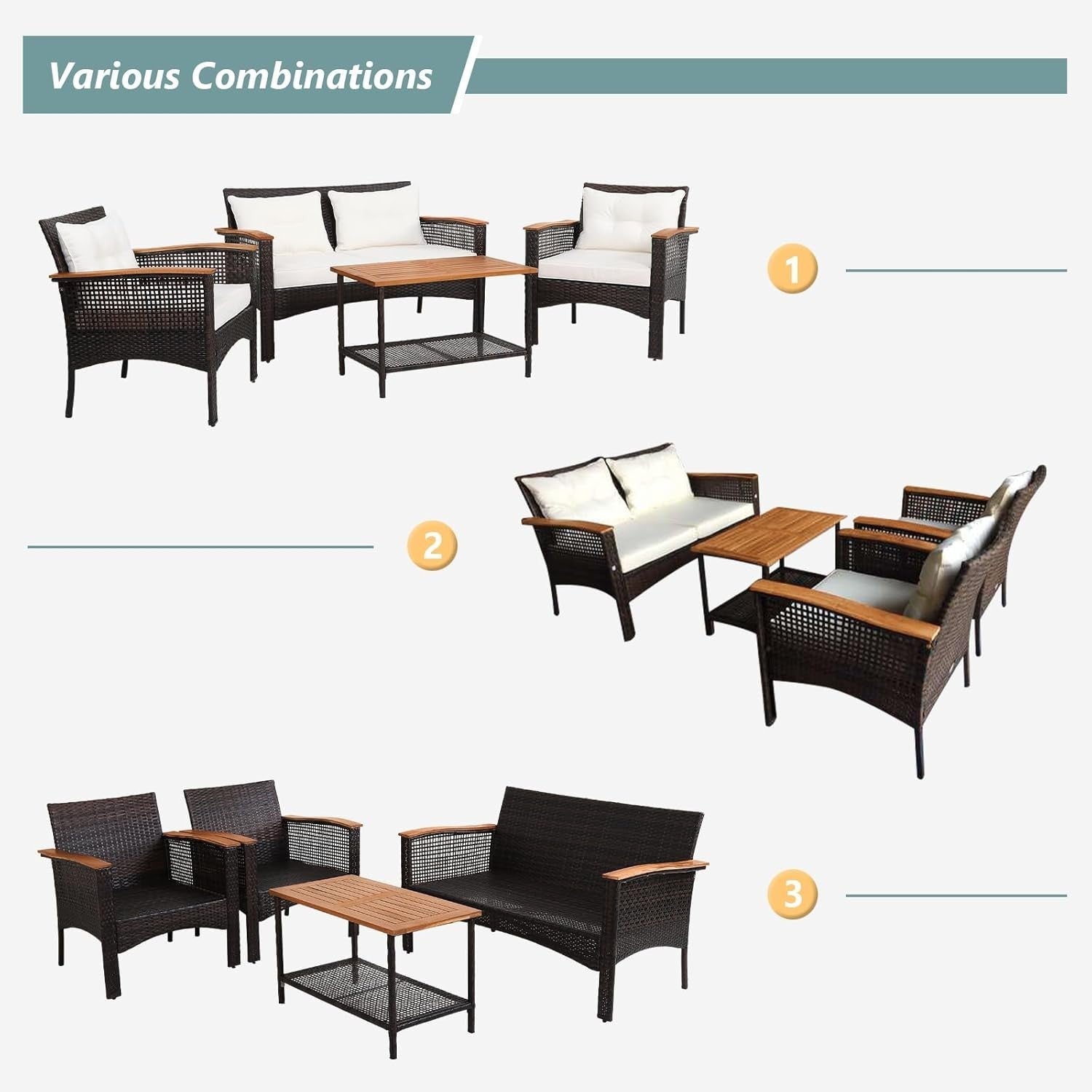 4PC Rattan Garden Lounge Set Loveseat Armchairs Coffee Table Cushioned