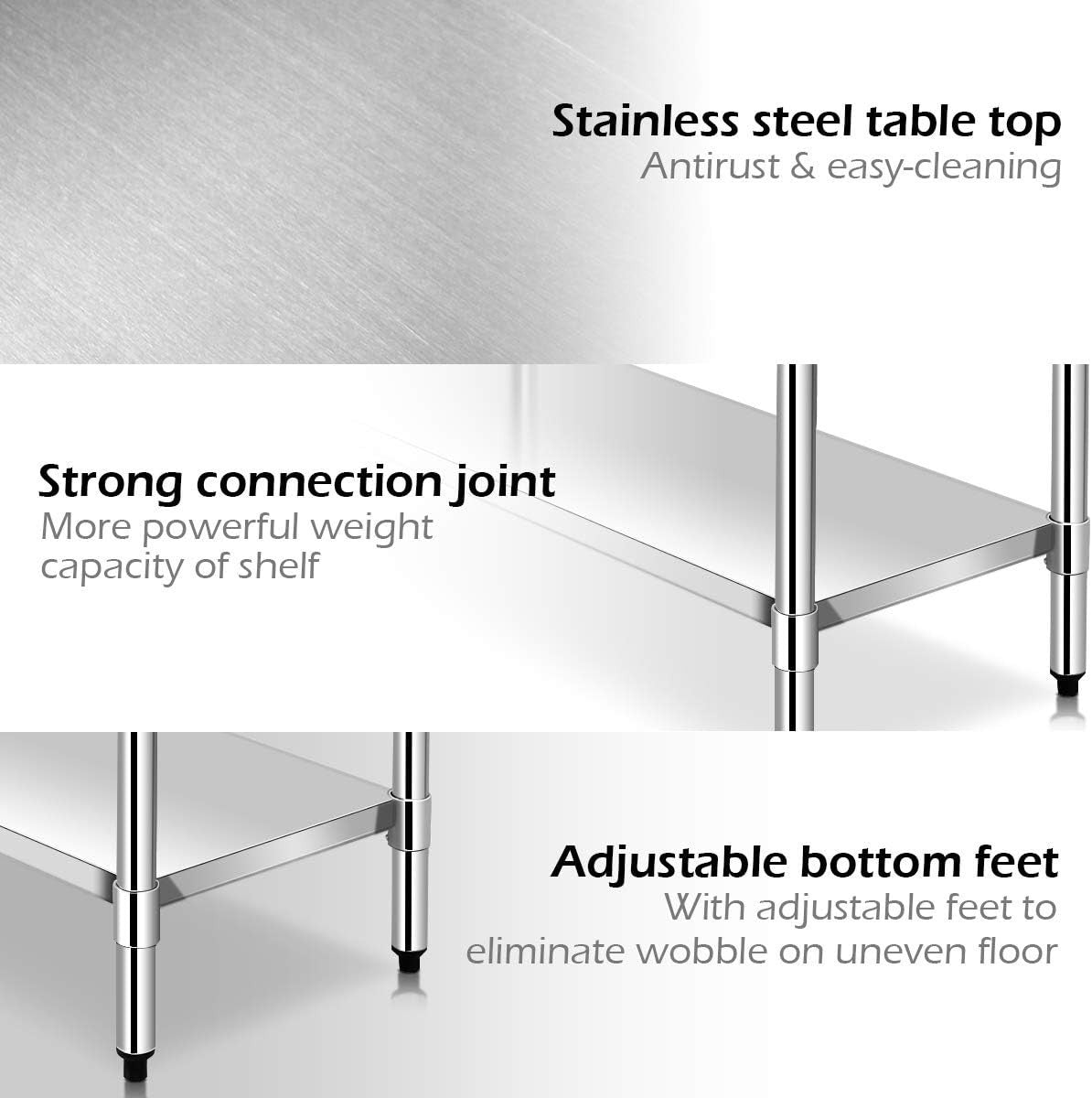 Stainless Steel Catering Table 122x61x90cm Prep Bench Adjustable Shelf