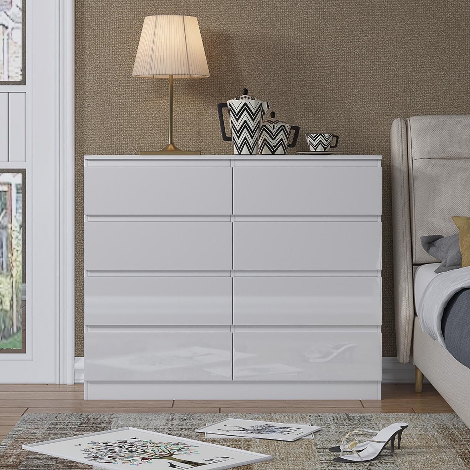 White Gloss 8 Drawer Chest Wide Tall Storage Unit for Bedroom Modern