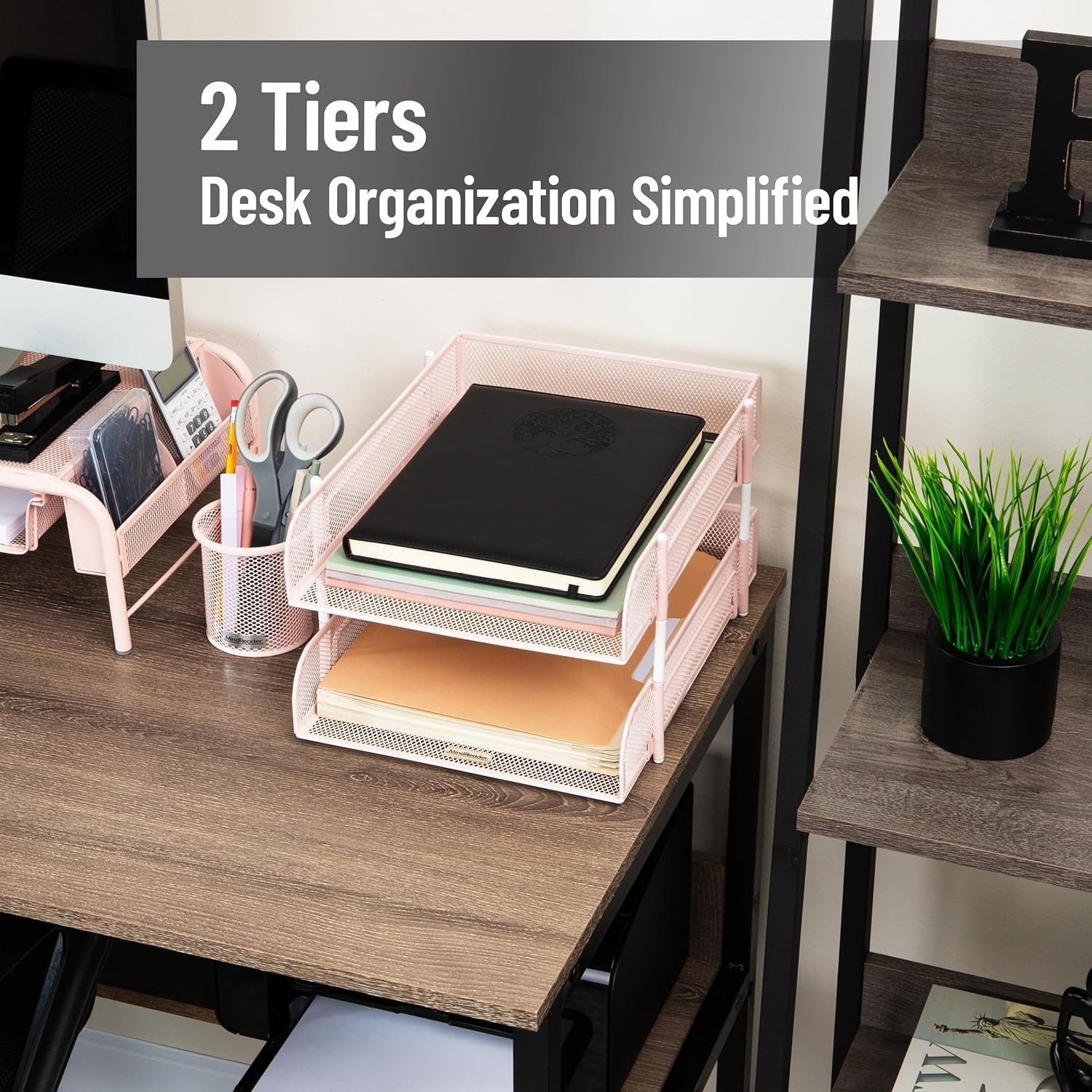 Stackable Metal Mesh Desk Organizer Tray 2-Tier File Storage Pink
