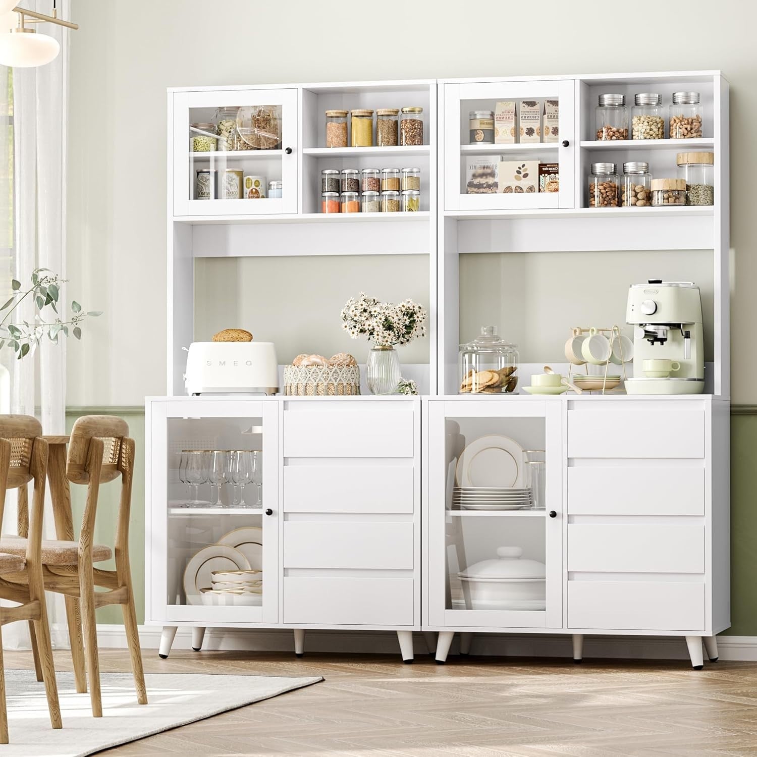 White Tall Kitchen Cupboard 180cm 2 Glass Doors 4 Drawers