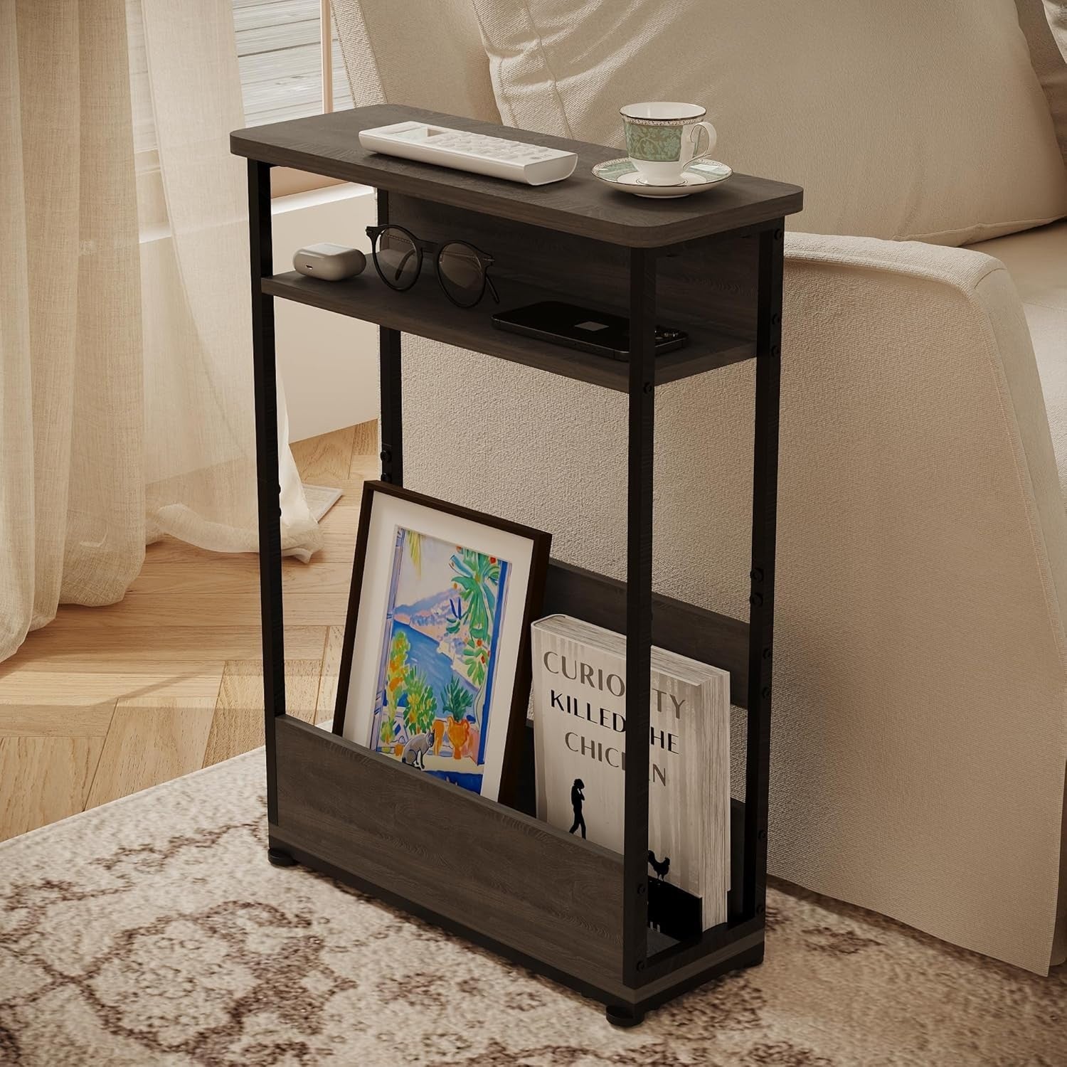 Narrow 3-Tier Side Table with Storage Shelf, Slim End Table for Small Spaces 46x