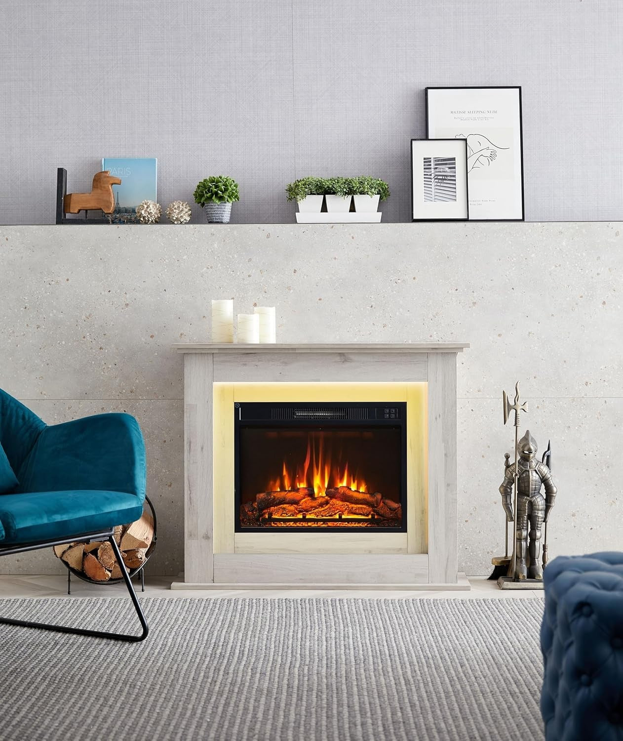 50" Electric Fireplace Heater 2000W Freestanding Realistic Flame LED