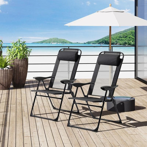 Set of 2 Folding Recliner Patio Chairs Adjustable Mesh Outdoor Loungers Black