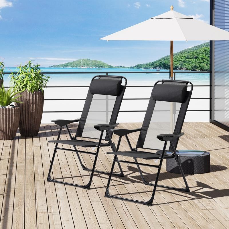 Set of 2 Folding Recliner Patio Chairs Adjustable Mesh Outdoor Loungers Black