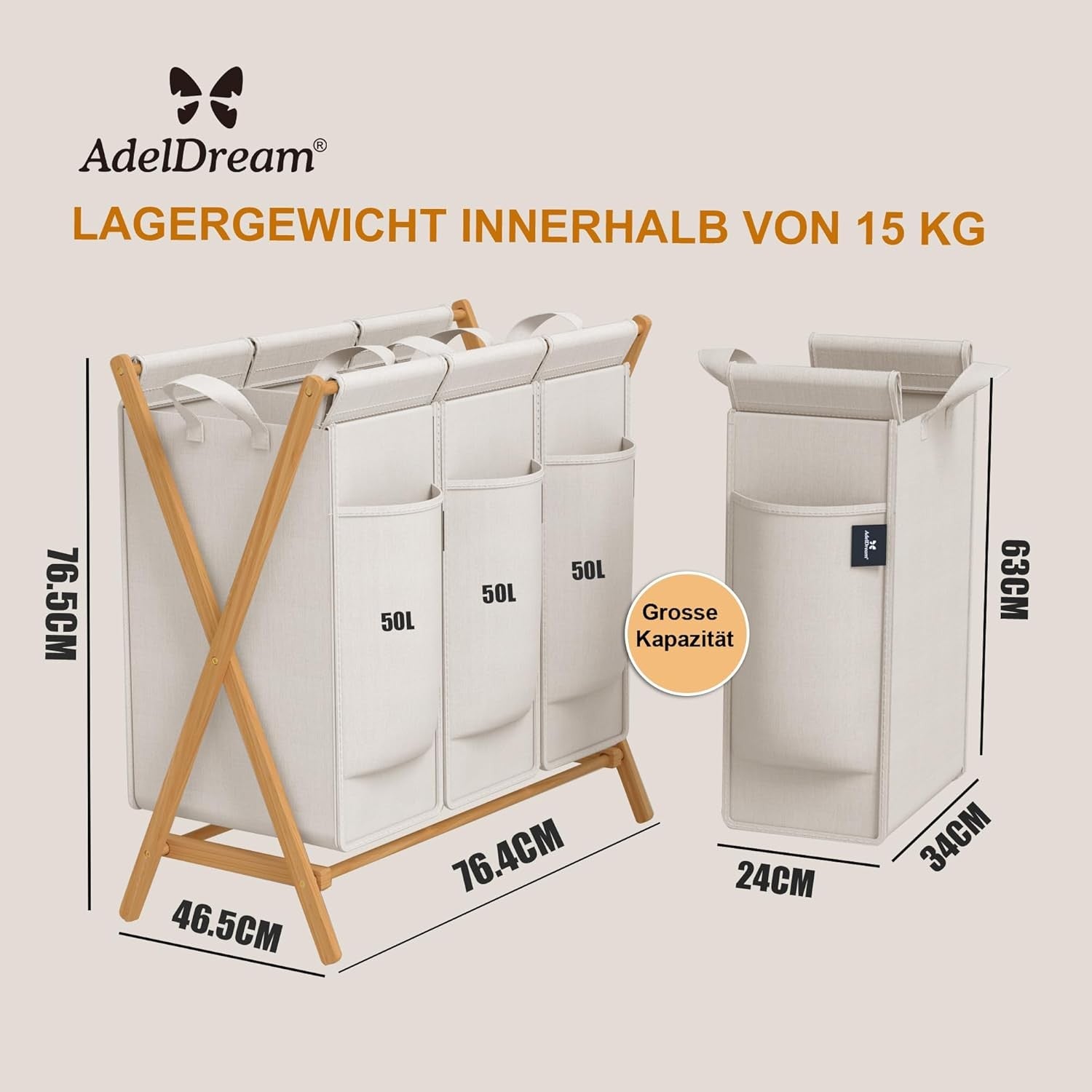 3 Compartment Bamboo Laundry Hamper 150L Foldable Sorting Basket with Lid