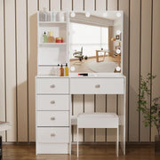 Vanity Makeup Dressing Table Desk 3-Color LED Mirror 6 Drawers Storage Stool Whi
