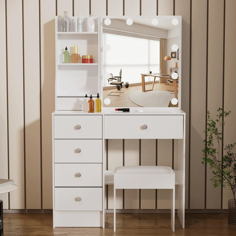 Vanity Makeup Dressing Table Desk 3-Color LED Mirror 6 Drawers Storage Stool Whi