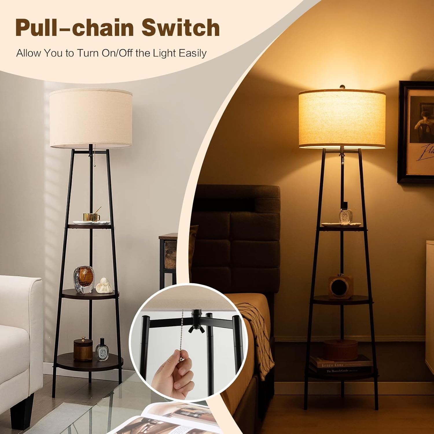 Tripod Floor Lamp with Shelves Storage Standing Lamp Fabric Shade E27
