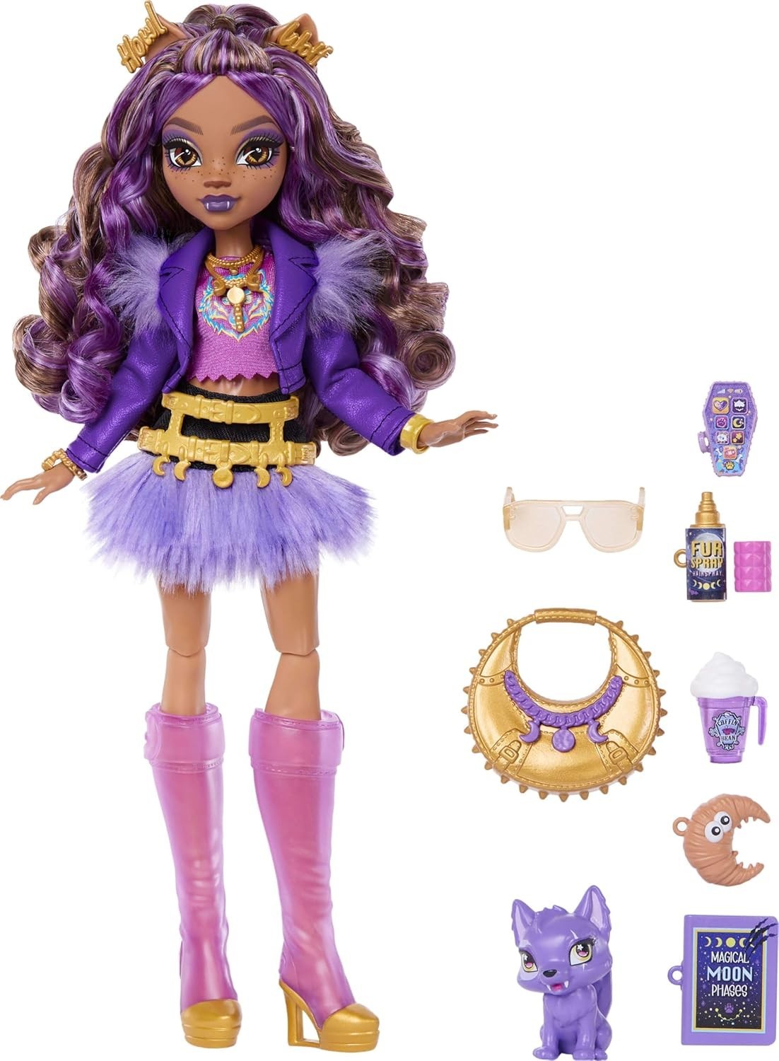 Fashion Doll Purple Moto Jacket Furry Skirt Pet Wolf Accessories