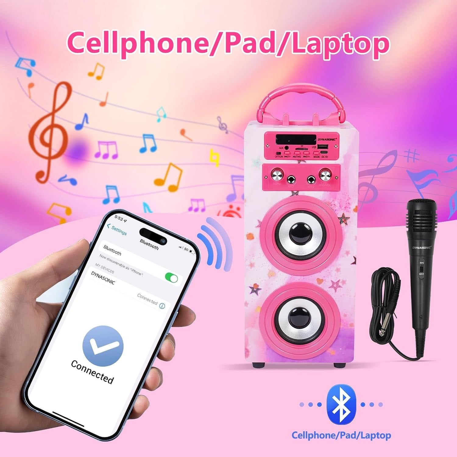 DYNASONIC Karaoke Machine Bluetooth 2 Mics LED Lights Kids Teens