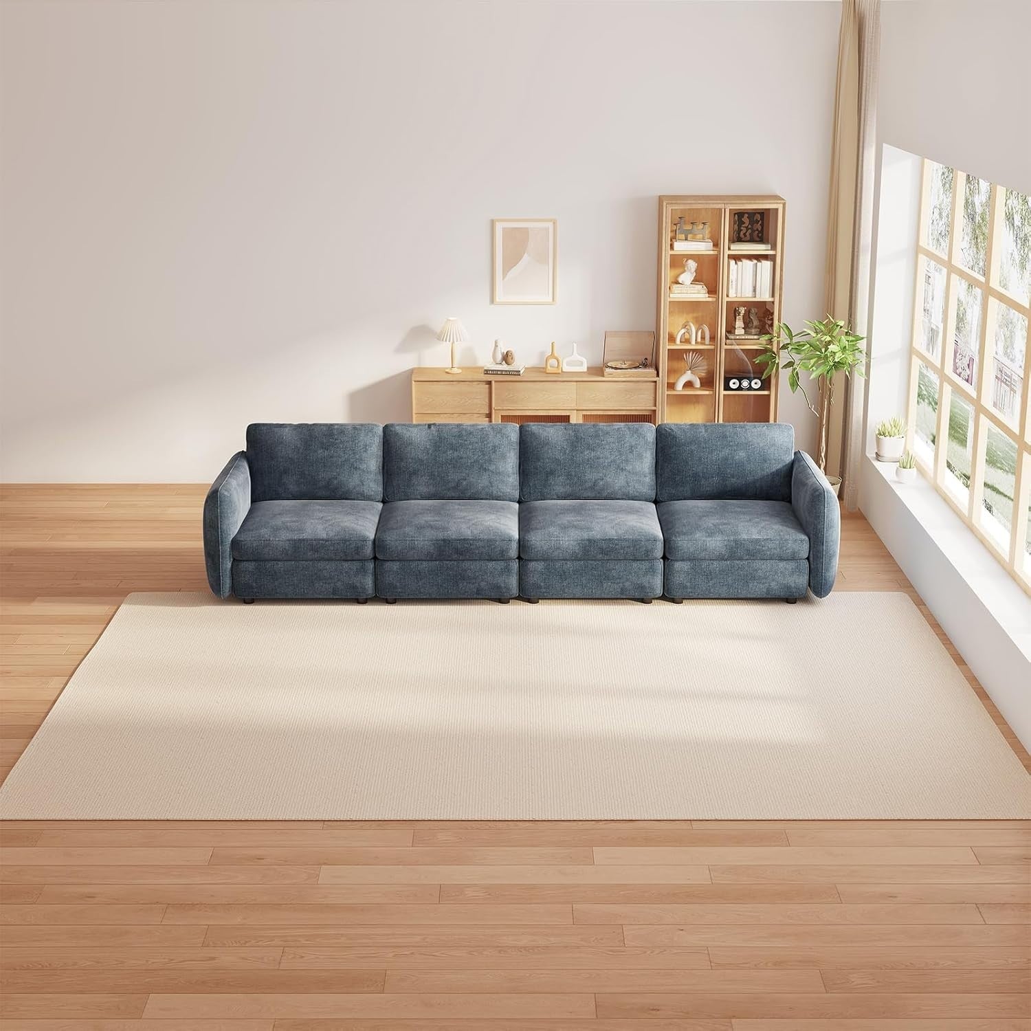 Modern 4 Seater Sofa Blue-Grey Deep Cushions 305CM Ergonomic Couch