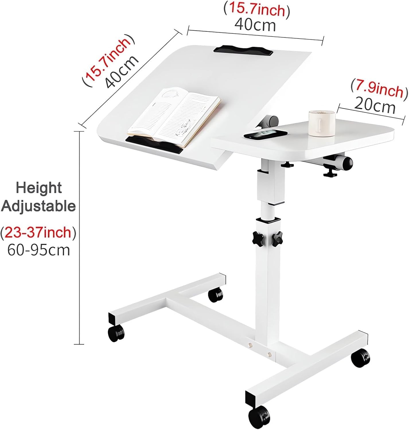 White Adjustable Side Table with Wheels C Shape Sofa Laptop Desk 360° Rotate