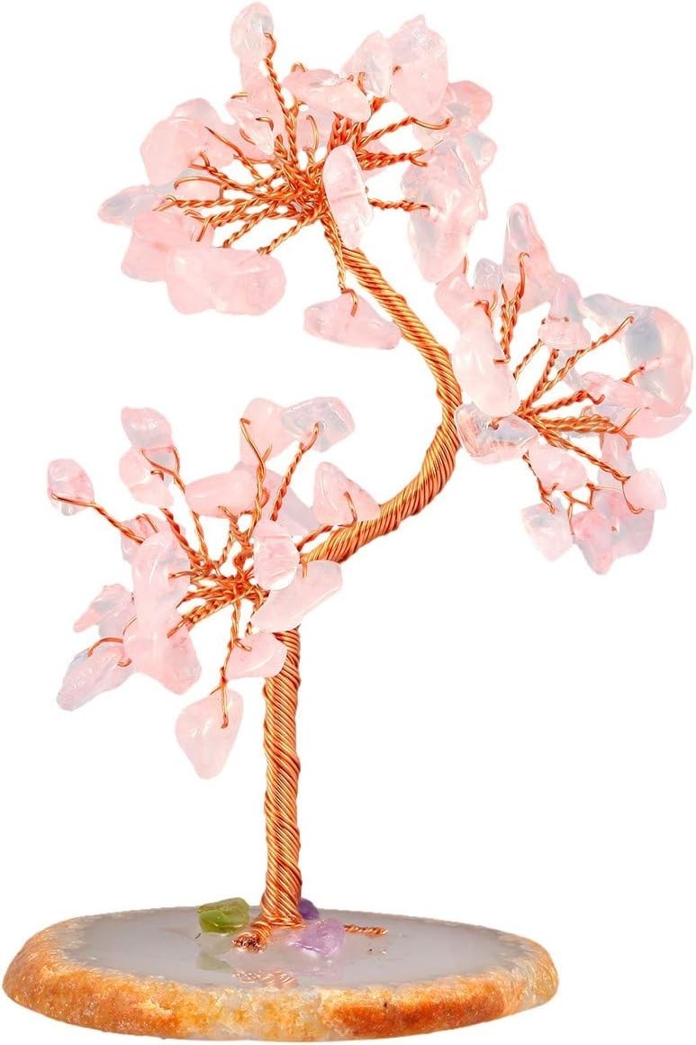 Rose Quartz Crystal Money Tree Feng Shui Healing Gemstone Ornament Agate Base