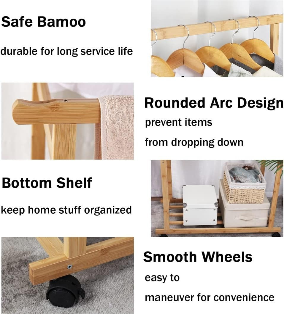 Bamboo Clothes Rail Double Hanging Rack with Wheels & Shelves – 80x40x160cm