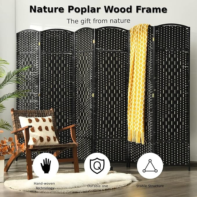6 Panel Folding Room Divider – Black Woven Privacy Screen for Bedroom