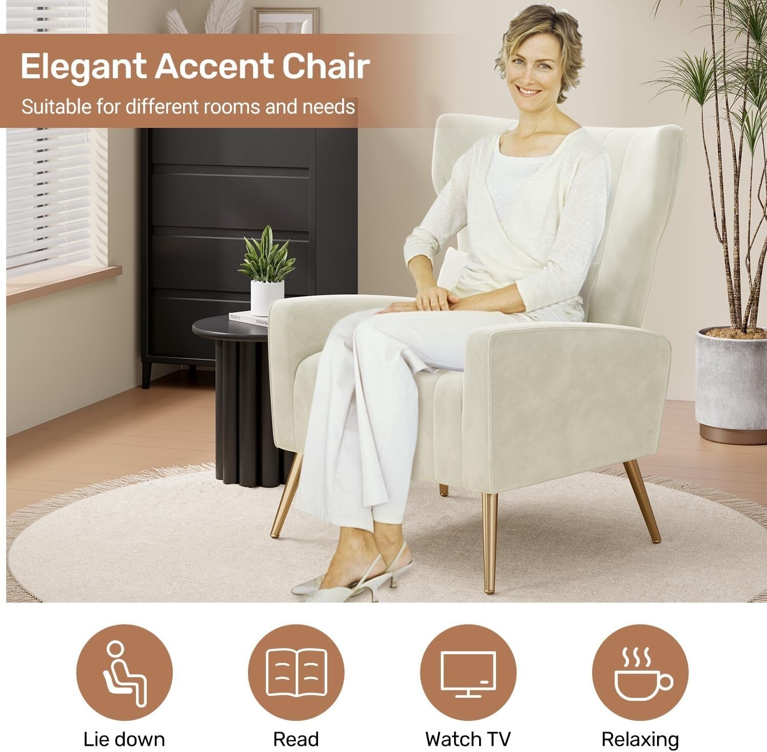 2x Beige Velvet Recliner Armchairs with Cushions & Gold Legs Lounge Set