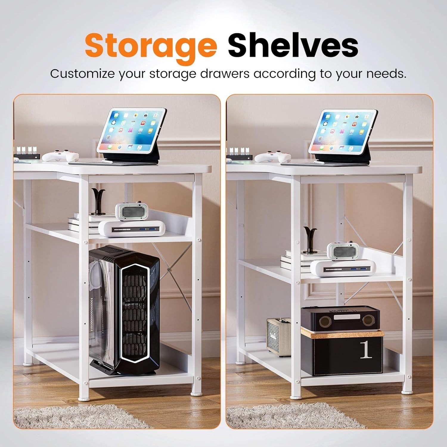 L Shaped White Corner Desk 130x80cm with USB Power & Shelves for Home Office