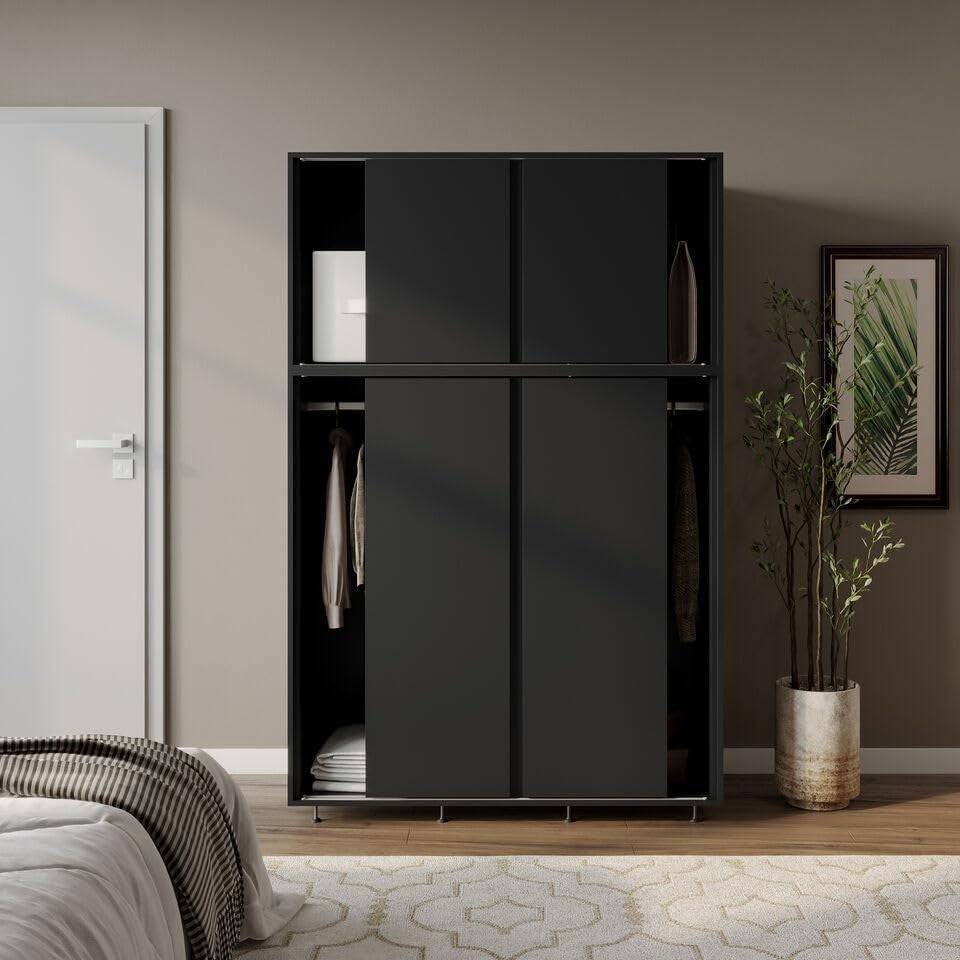 6-Door Black Sliding Wardrobe with Adjustable Feet & Spacious Bedroom Storage
