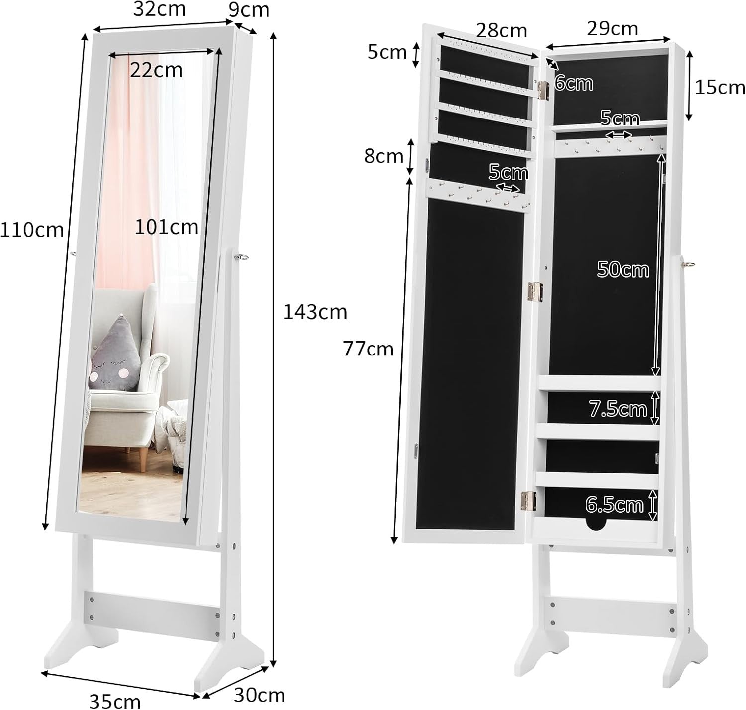 White Standing Jewelry Armoire Adjustable Full Length Mirror Storage
