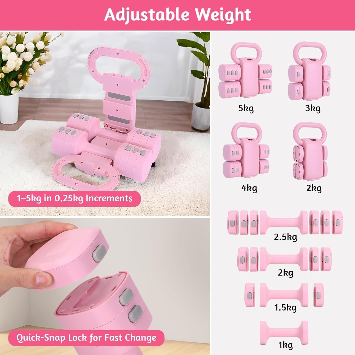 2-in-1 Adjustable Kettlebell Dumbbell Set 1–5kg Pink Home Gym