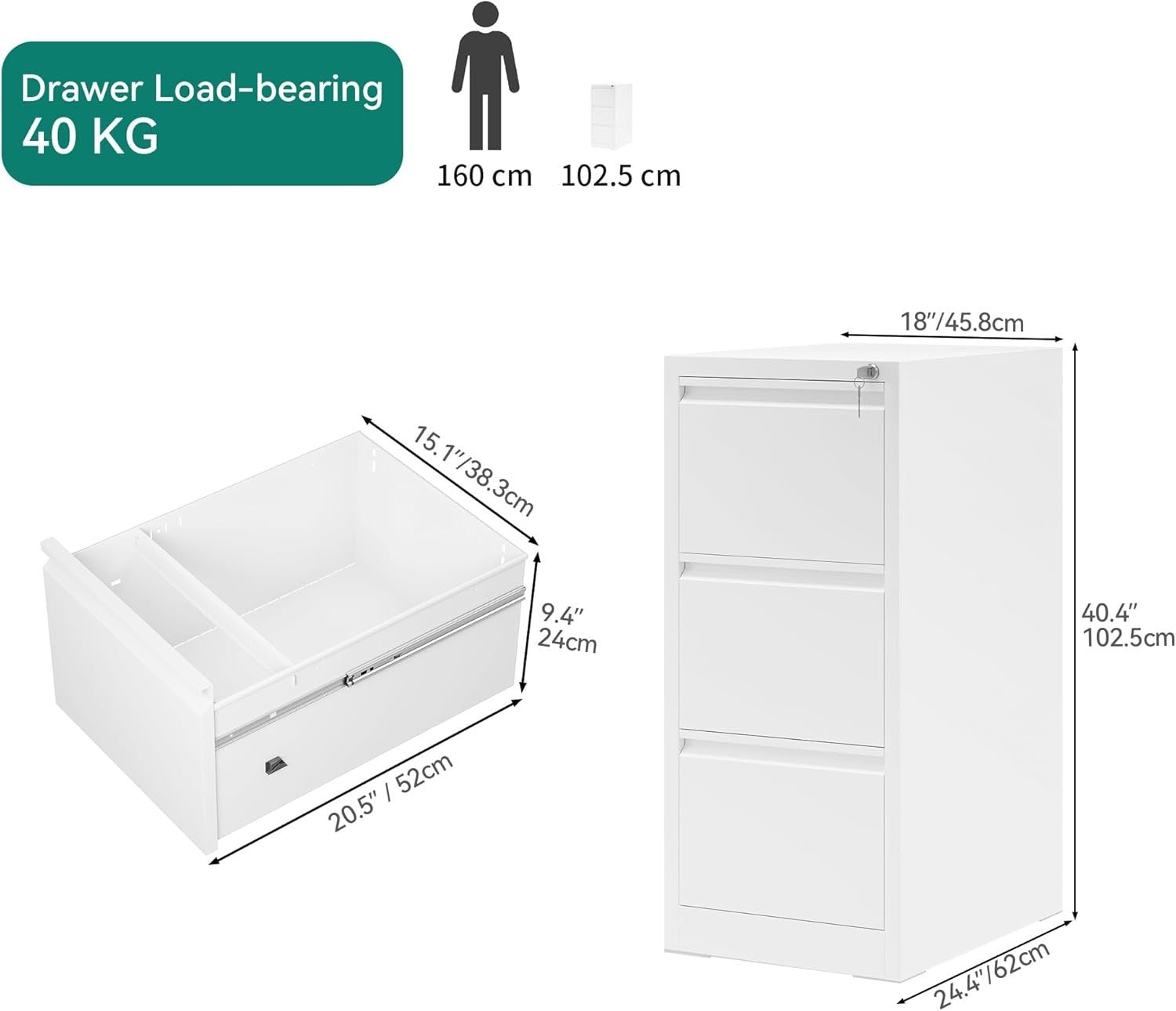 White 3 Drawer Lockable File Cabinet 62x45x102cm Rolling Steel