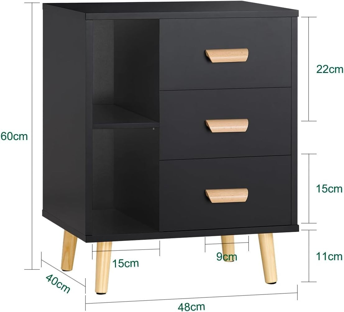 Modern Black 3 Drawer Bedside Table with Shelves – Wooden Storage Cabinet