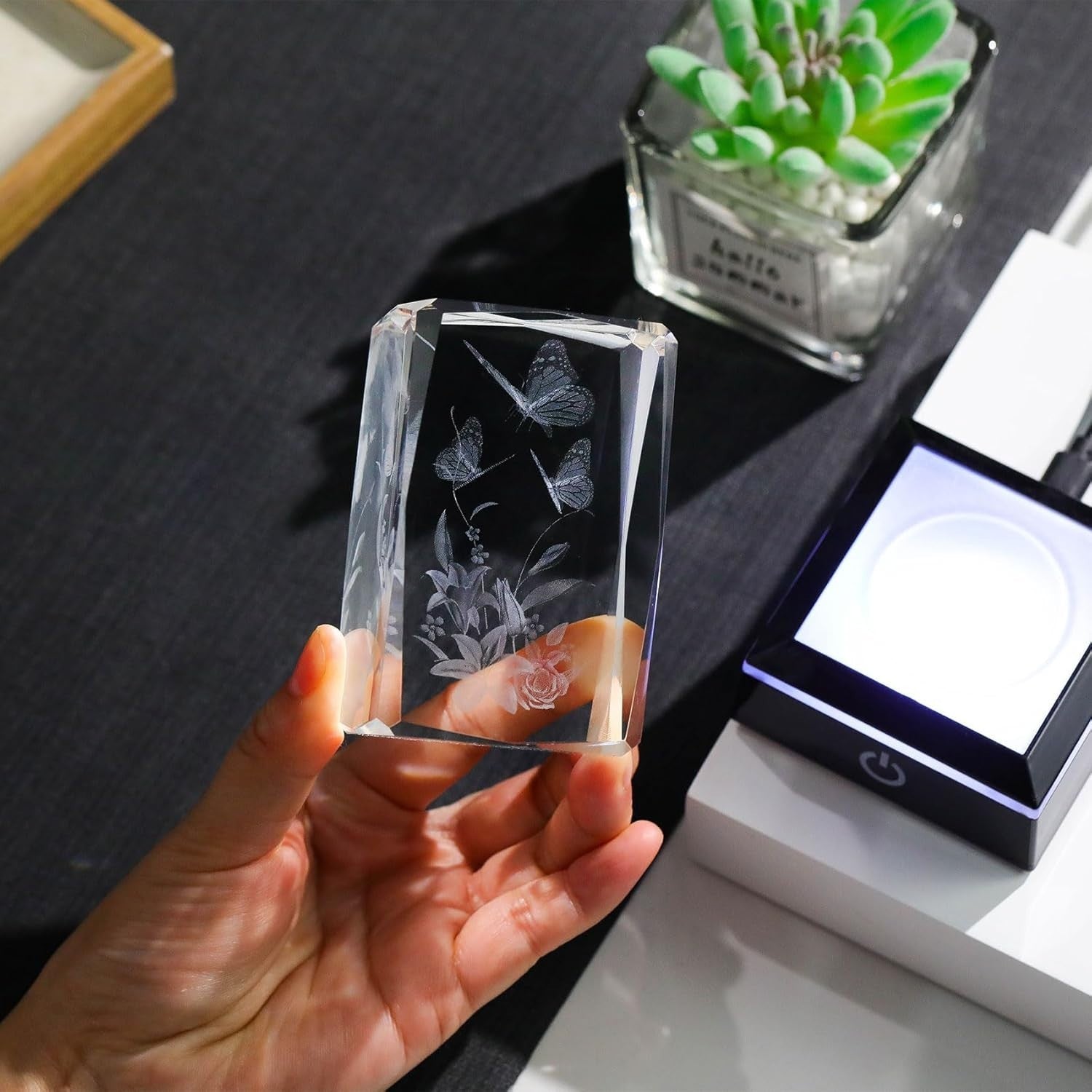 3D Crystal Butterfly & Lily Gift Light Ornament – LED Colour Changing Glass