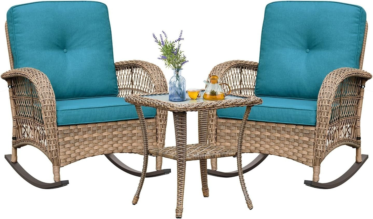 Rocking Rattan Bistro Set for 2 Outdoor Chairs Cushions Glass Table