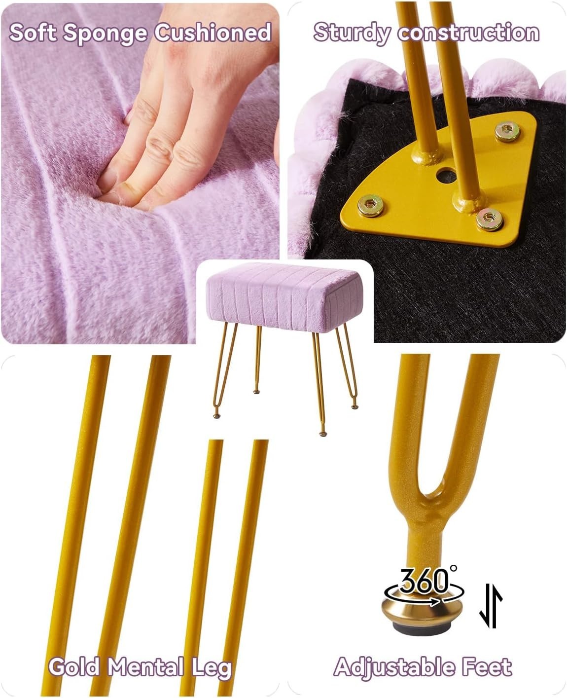 Purple Velvet Footrest Ottoman – Rectangular Vanity Stool with Gold Legs