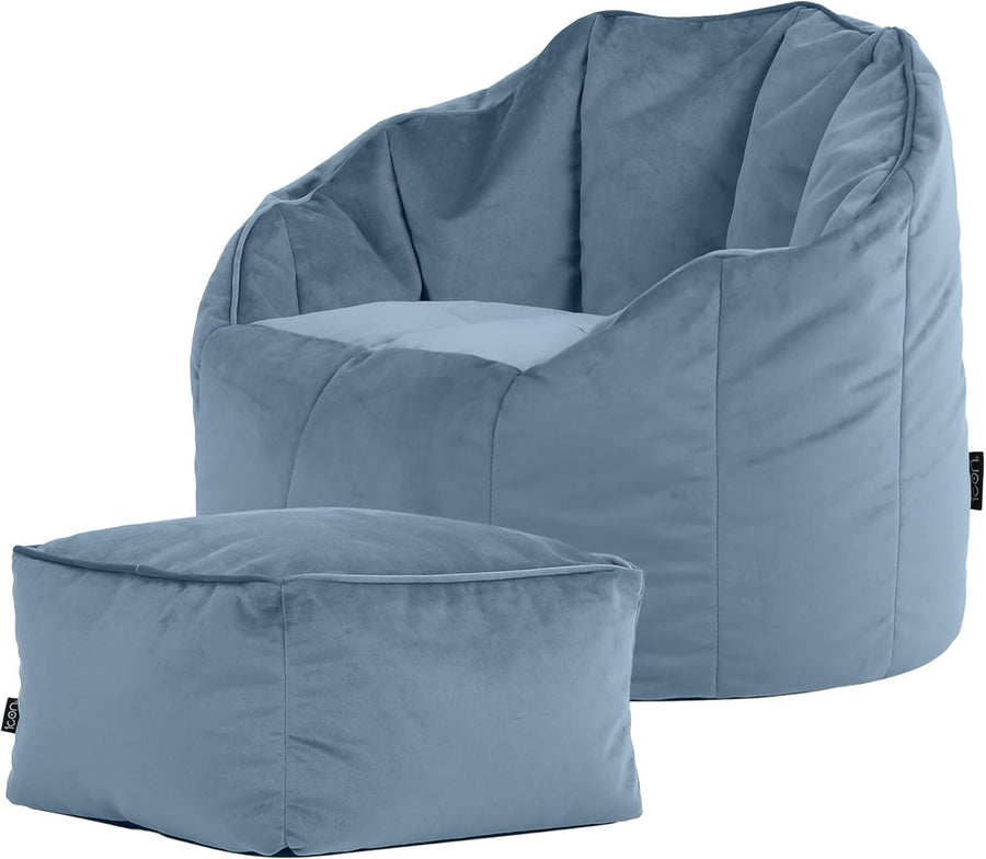Velvet Bean Bag Chair With Footstool Adult Seat Mineral Blue Lounge Set