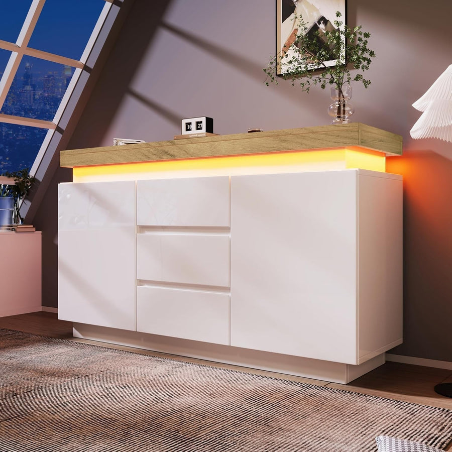 Modern High-Gloss White Sideboard Cabinet with LED Lighting, 2 Doors & 3 Drawers
