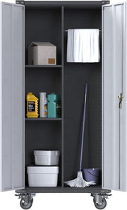 Lockable Metal Garage Cabinet with Shelves, Hanging Rod & Wheels 180cm
